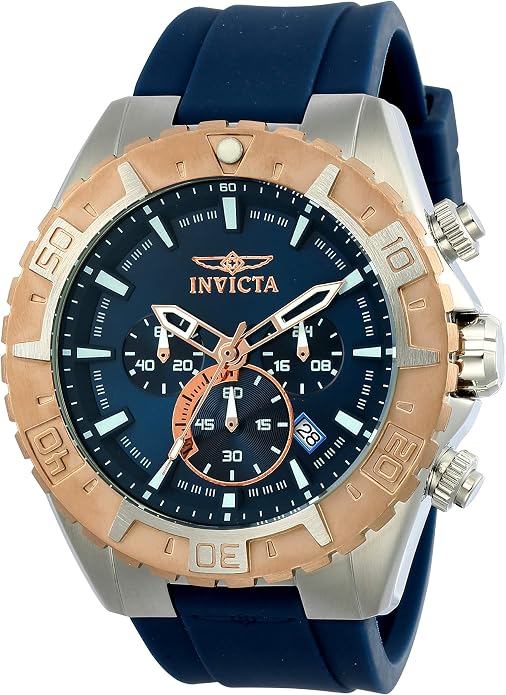 Invicta Mens 22523 Pro Diver Chronograph Watch – Blue Dial, Rose Gold &amp; Silver Case