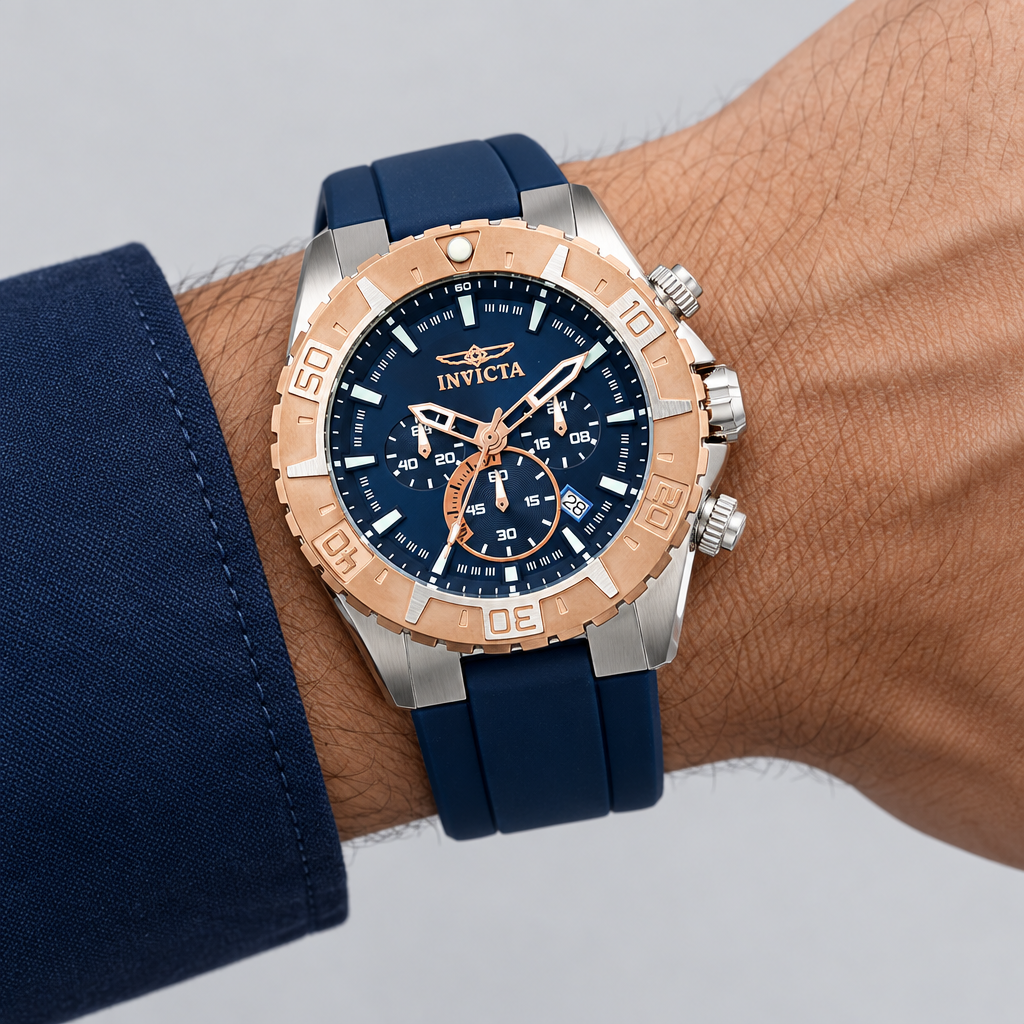 Invicta men's chronograph watch featuring a dark blue dial, a two-tone silver and rose gold case, and a dark blue silicone strap.