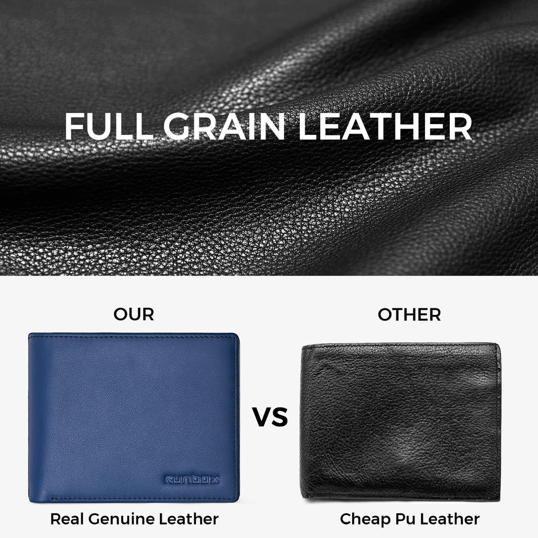RUNBOX Wallet for Men Leather RFID Blocking Bifold Front Pocket Wallet Genuine Leather,Slim,12 Card Slots,2 ID Windows,2 Money Pockets, Gift for Men,Compact Travel Business Passport
