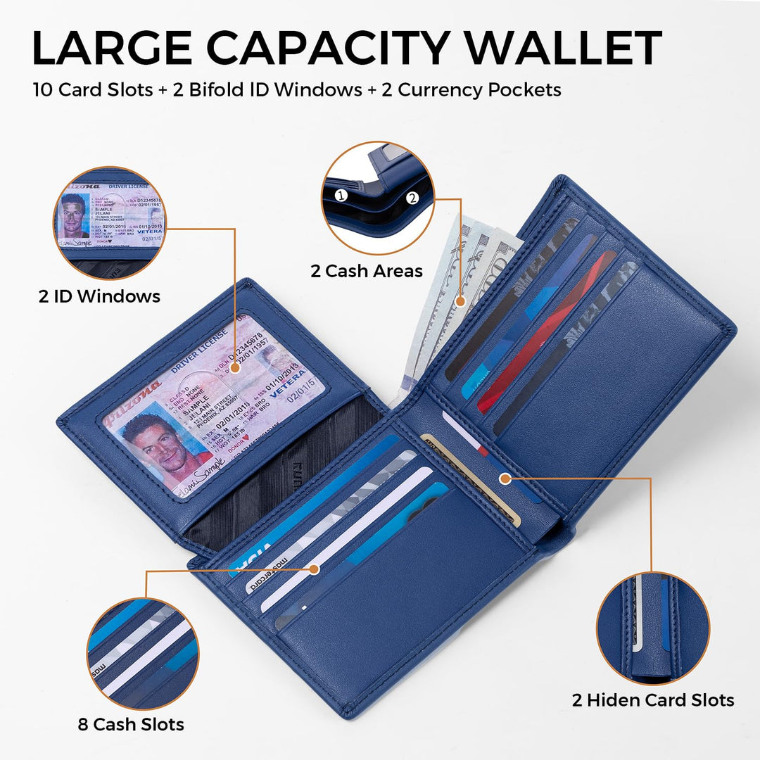 RUNBOX Wallet for Men Leather RFID Blocking Bifold Front Pocket Wallet Genuine Leather,Slim,12 Card Slots,2 ID Windows,2 Money Pockets, Gift for Men,Compact Travel Business Passport