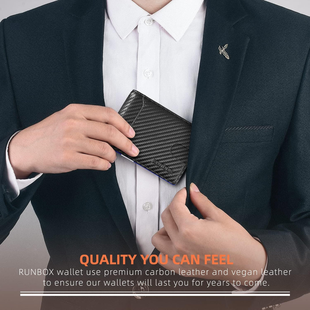 محفظة رن بوكس (RUNBOX) النحيفة للرجال - محفظة جلدية ثنائية الطي مزودة بمشبك للنقود وحماية من مسح البيانات (RFID)، تصميم بسيط للجيب الأمامي، تتسع لـ 11 بطاقة، تصميم رفيع، حماية من مسح البيانات (RFID)