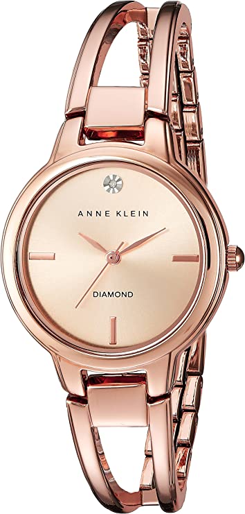 Anne Klein Women's AK/2626RGRG Diamond-Accented Dial Rose Gold-Tone Open Bangle Watch - 3alababak