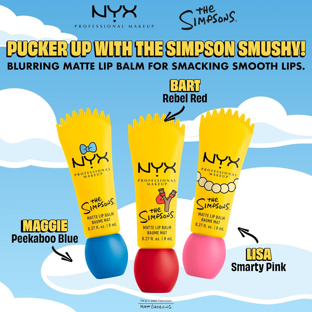 بلسم الشفاه المطفي سموشي من NYX PROFESSIONAL MAKEUP، مكياج شفاه قابل للبناء ومموّه، بالتعاون مع ذا سيمبسونز، نباتي ولم يختبر على الحيوانات