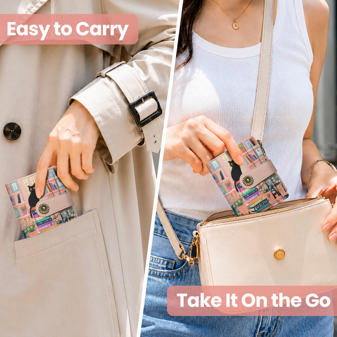محفظة ألونيد الصغيرة للنساء، محفظة بطاقات ثنائية الطي لطيفة ومحمية من تقنية RFID، تحتوي على 10 فتحات للبطاقات، ومقصورة للنقود، وجيب بسحاب للعملات المعدنية، ونافذة للهوية، بحجم مدمج ومصنوعة من جلد نباتي ناعم