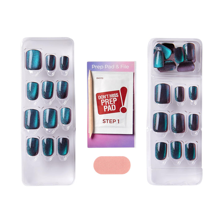 KISS colorFX by imPRESS Press On Nails , ‘Reconnect’, Solid Blue with Pearlescent Finish, Short Oval, New &amp; Improved Adhesive, Includes 30 Fake Nails, Prep Pad, 1 Manicure Stick, 1 Mini Nail File