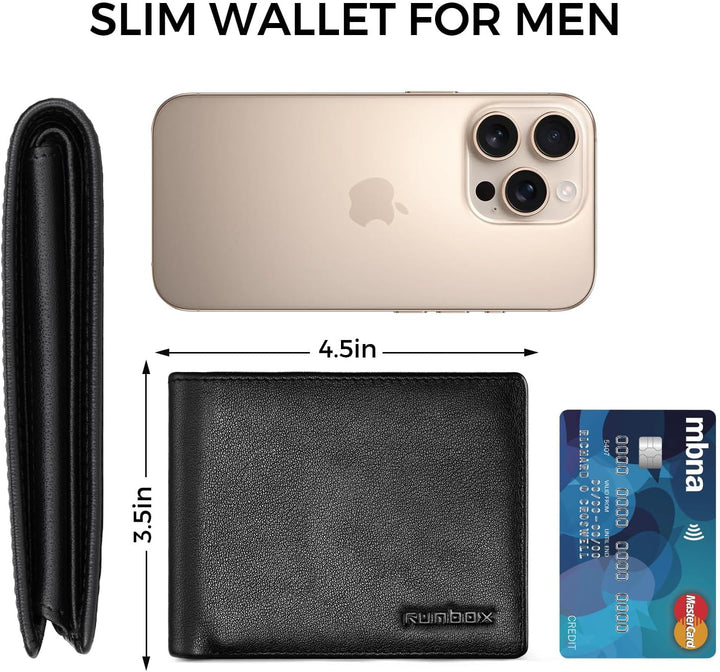 RUNBOX Wallet for Men Leather RFID Blocking Bifold Front Pocket Wallet Genuine Leather,Slim,12 Card Slots,2 ID Windows,2 Money Pockets, Gift for Men,Compact Travel Business Passport