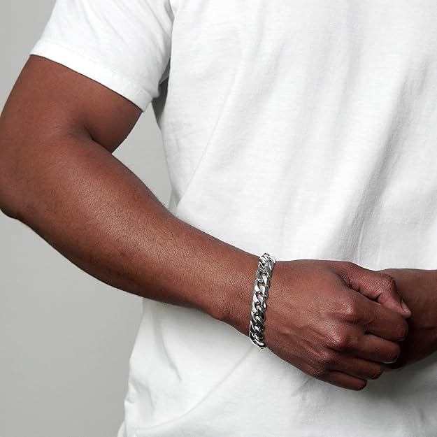 Invicta Bracelet for Men, Stainless Steel Chain Jewelry, Polsihed Curb, 12mm, 8.75