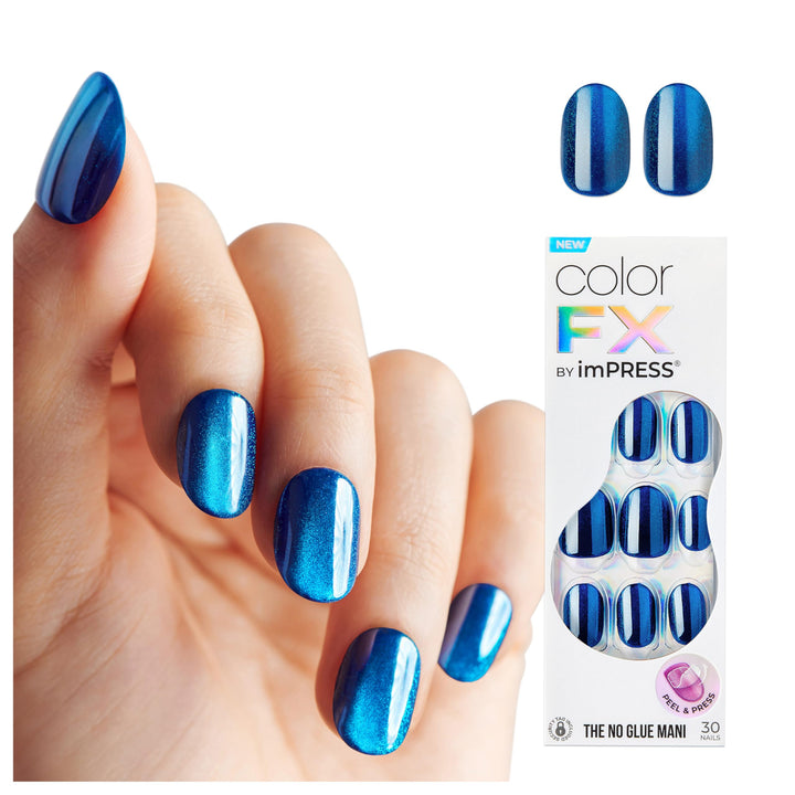 KISS colorFX by imPRESS Press On Nails , ‘Reconnect’, Solid Blue with Pearlescent Finish, Short Oval, New &amp; Improved Adhesive, Includes 30 Fake Nails, Prep Pad, 1 Manicure Stick, 1 Mini Nail File