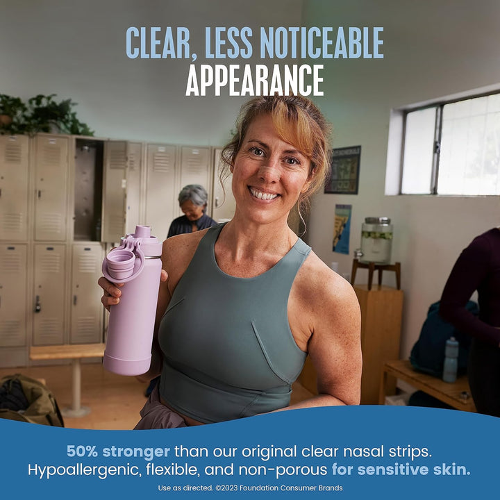 Woman holding a pink water bottle in a locker room setting with text about clear nasal strips.
