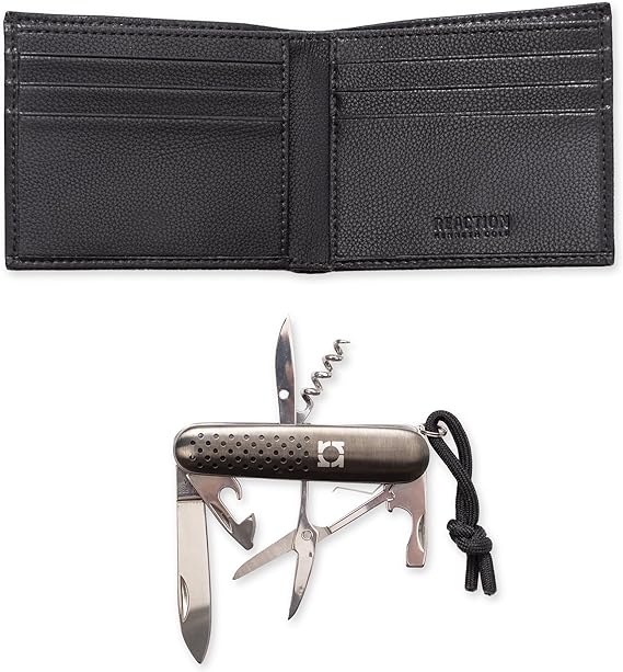 Kenneth Cole REACTION Men's Minimalist Slimfold Wallet with Multi-Tool Set, Black, One size