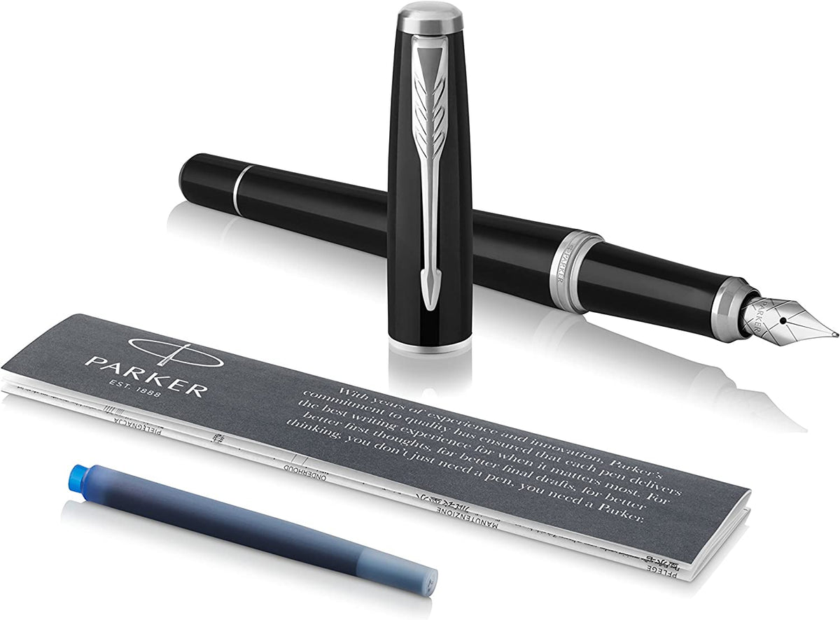 Parker Urban Fountain Pen, London Cab Black, Medium Nib with Blue Ink Refill (1931604),Black Cab - 3alababak