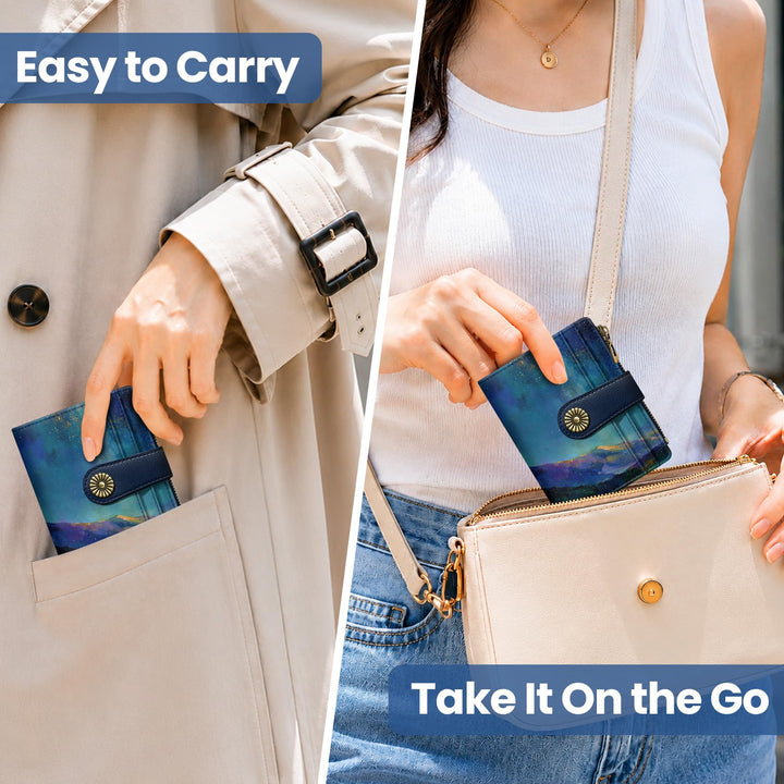 محفظة ألونيد الصغيرة للنساء، محفظة بطاقات ثنائية الطي لطيفة ومحمية من تقنية RFID، تحتوي على 10 فتحات للبطاقات، ومقصورة للنقود، وجيب بسحاب للعملات المعدنية، ونافذة للهوية، بحجم مدمج ومصنوعة من جلد نباتي ناعم