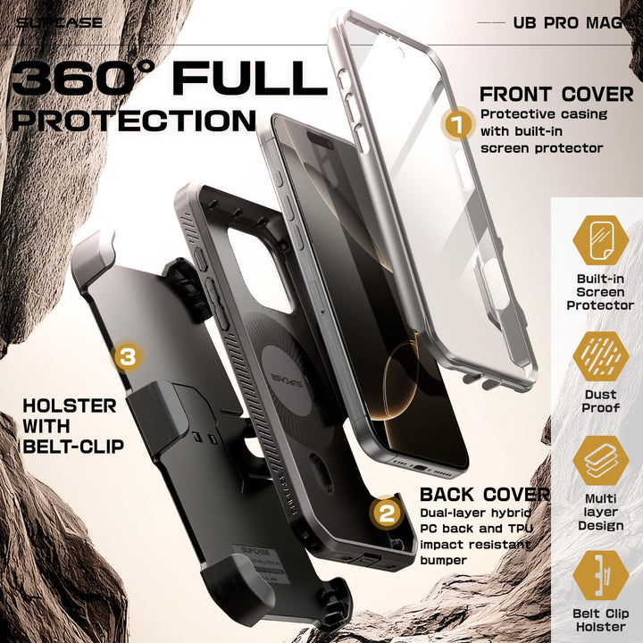 SUPCASE for iPhone 16 Pro Max Case with Stand (UBPro Mag), [Support MagSafe] [Built-in Screen Protector & Belt Clip] [Military-Grade Protection] Magnetic Phone Case for iPhone 16 Pro Max 6.9''