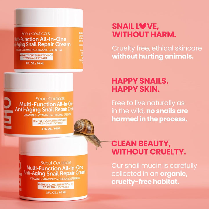 SeoulCeuticals Snail Mucin Moisturizer 97.5% - Korean Skin Care Snail Repair Cream - Day &amp; Night Anti Aging K Beauty Skincare Cruelty Free 2oz