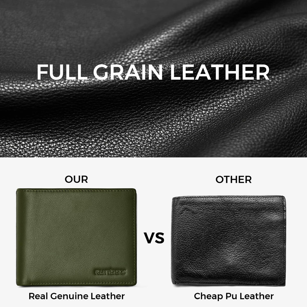 RUNBOX Wallet for Men Leather RFID Blocking Bifold Front Pocket Wallet Genuine Leather,Slim,12 Card Slots,2 ID Windows,2 Money Pockets, Gift for Men,Compact Travel Business Passport