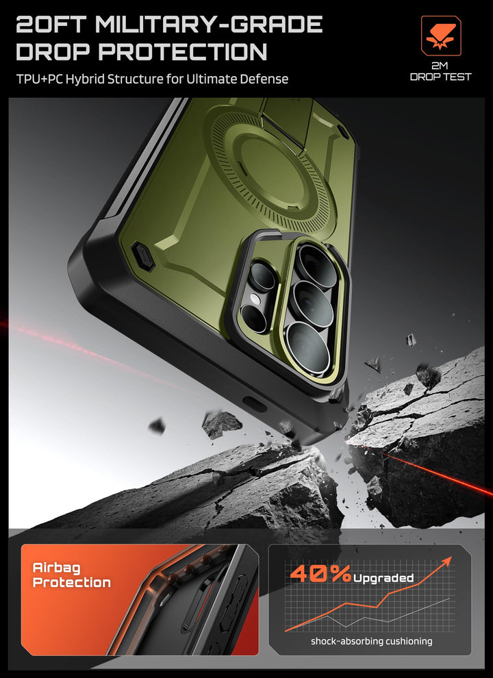حافظة SUPCASE لسلسلة Samsung Galaxy S26 مزودة بحامل مدمج، وحماية بمعيار عسكري، ومتوافقة مع MagSafe، ومشبك حزام قابل للفصل، وواقي شاشة وإطار أمامي مدمجين، UBPro Mag