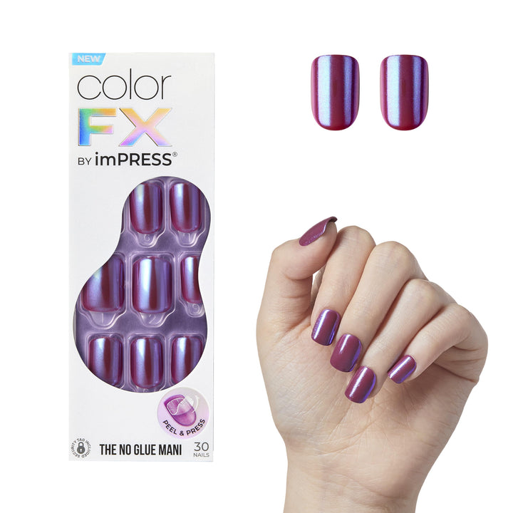 KISS colorFX by imPRESS Press On Nails , ‘Reconnect’, Solid Blue with Pearlescent Finish, Short Oval, New &amp; Improved Adhesive, Includes 30 Fake Nails, Prep Pad, 1 Manicure Stick, 1 Mini Nail File