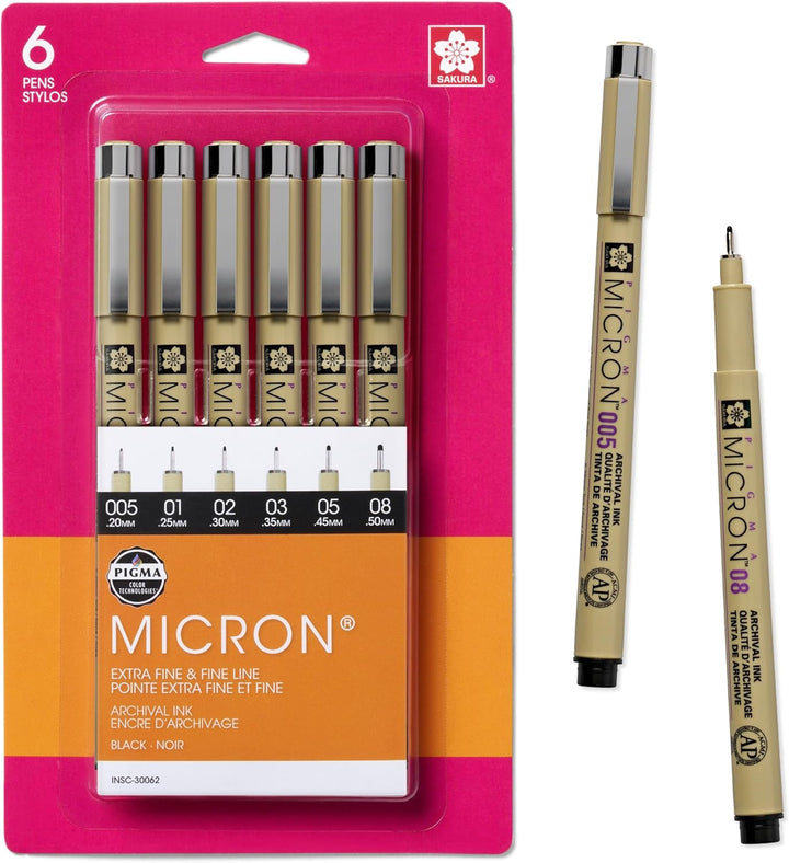 SAKURA Pigma Micron Fineliner Pens - Archival Black Ink Pens for Writing, Illustration, or Bullet Journaling - Assorted Point Sizes - 6 Pack