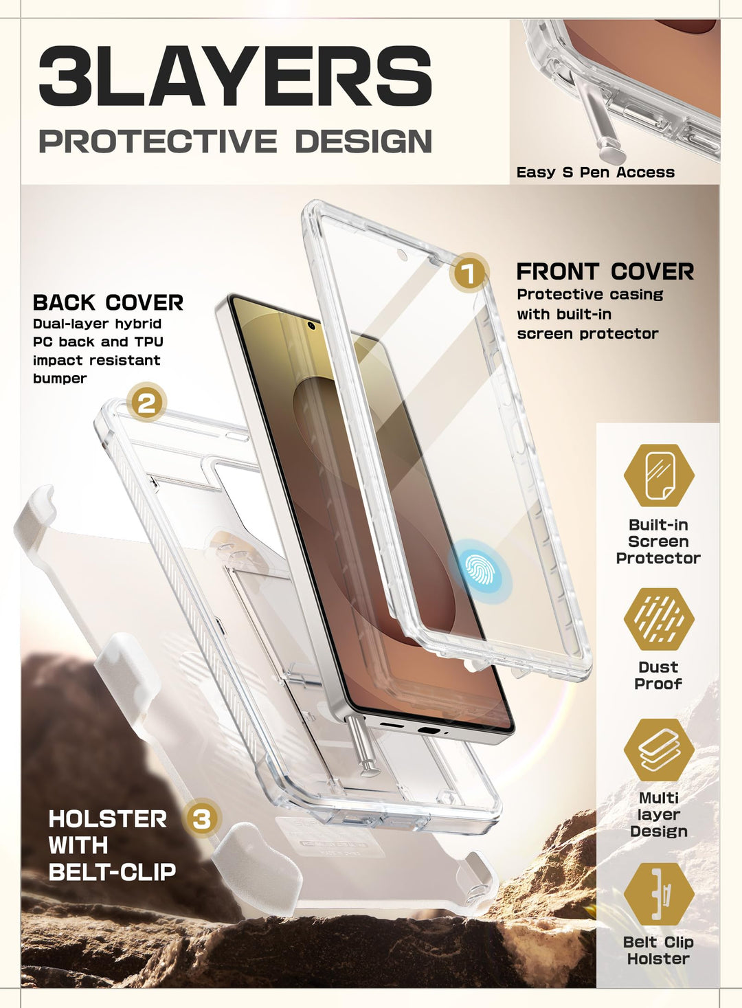 SUPCASE for Samsung Galaxy S25 Ultra Case with Stand (Unicorn Beetle Pro), [2 Front Frames] [Built-in Screen Protector & Belt-Clip] Military-Grade Protection Phone Case for S25 Ultra 6.9 Inch, Black