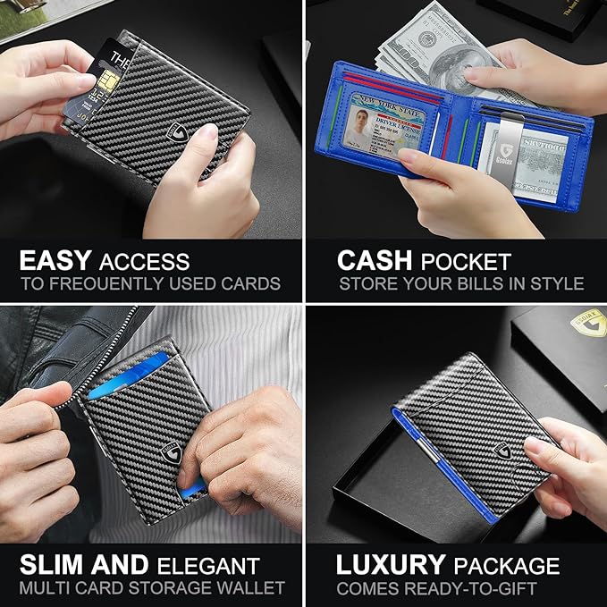 GSOIAX Slim Wallet for Men with Money Clip, Minimalist Leather RFID Blocking Bifold Small Thin Front Pocket Carbon Fiber Men's Wallet,11 Credit Card Slots Holder with Gift Box