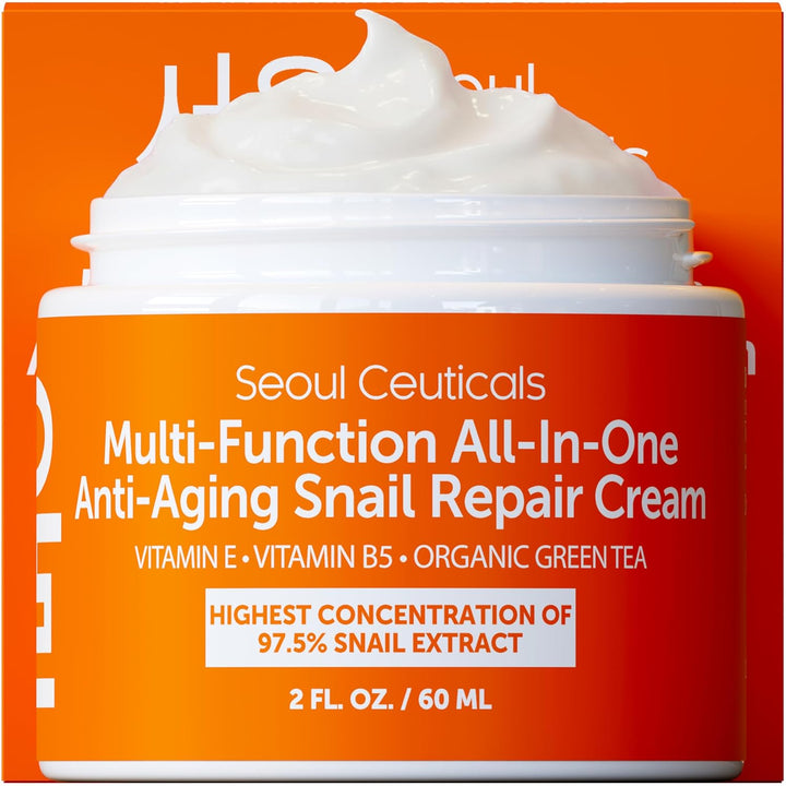 SeoulCeuticals Snail Mucin Moisturizer 97.5% - Korean Skin Care Snail Repair Cream - Day &amp; Night Anti Aging K Beauty Skincare Cruelty Free 2oz