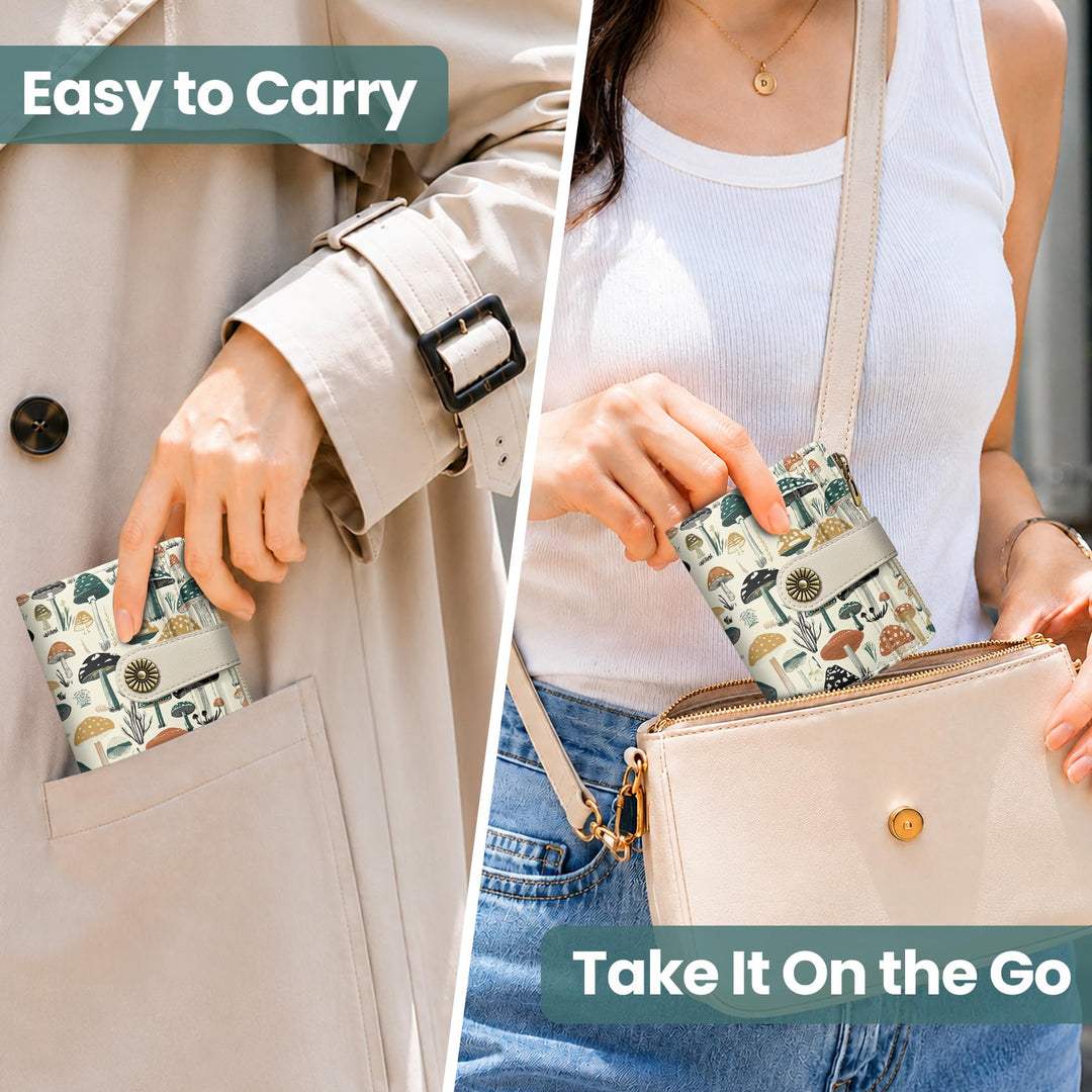 محفظة ألونيد الصغيرة للنساء، محفظة بطاقات ثنائية الطي لطيفة ومحمية من تقنية RFID، تحتوي على 10 فتحات للبطاقات، ومقصورة للنقود، وجيب بسحاب للعملات المعدنية، ونافذة للهوية، بحجم مدمج ومصنوعة من جلد نباتي ناعم