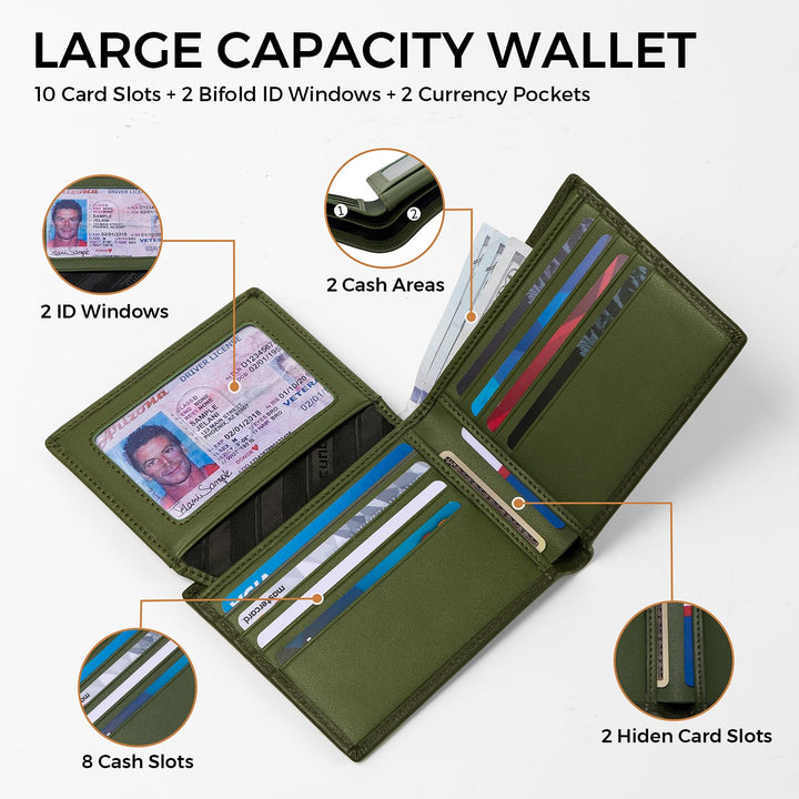 RUNBOX Wallet for Men Leather RFID Blocking Bifold Front Pocket Wallet Genuine Leather,Slim,12 Card Slots,2 ID Windows,2 Money Pockets, Gift for Men,Compact Travel Business Passport