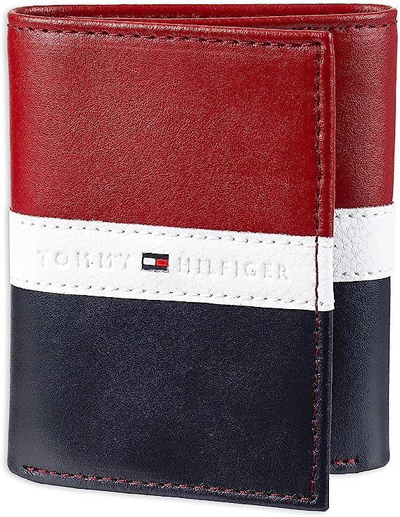 Tommy Hilfiger Men's 31TL110022 Genuine Leather Slim Trifold Wallet with ID Window - Red/White/Blue - 3alababak