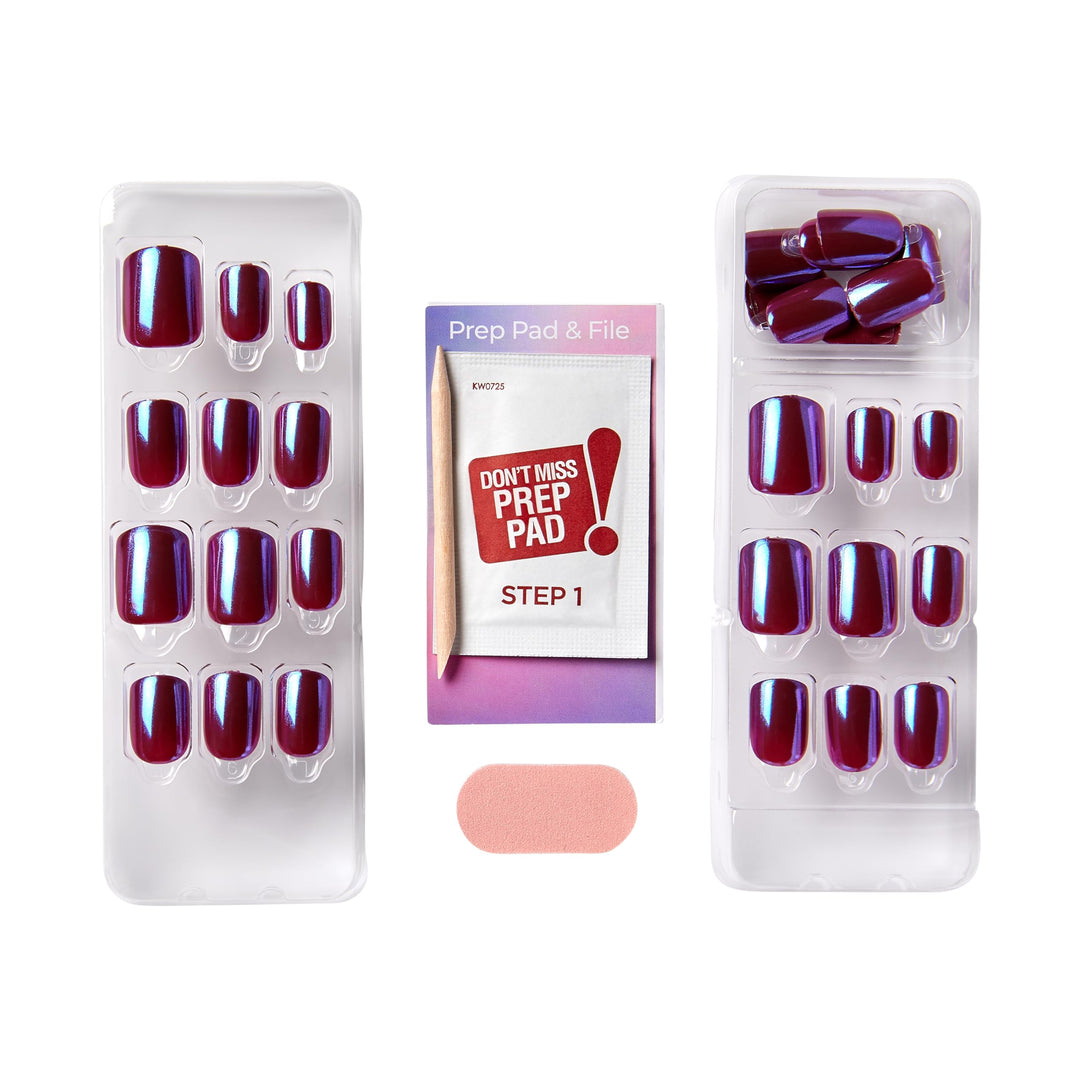 KISS colorFX by imPRESS Press On Nails , ‘Reconnect’, Solid Blue with Pearlescent Finish, Short Oval, New &amp; Improved Adhesive, Includes 30 Fake Nails, Prep Pad, 1 Manicure Stick, 1 Mini Nail File
