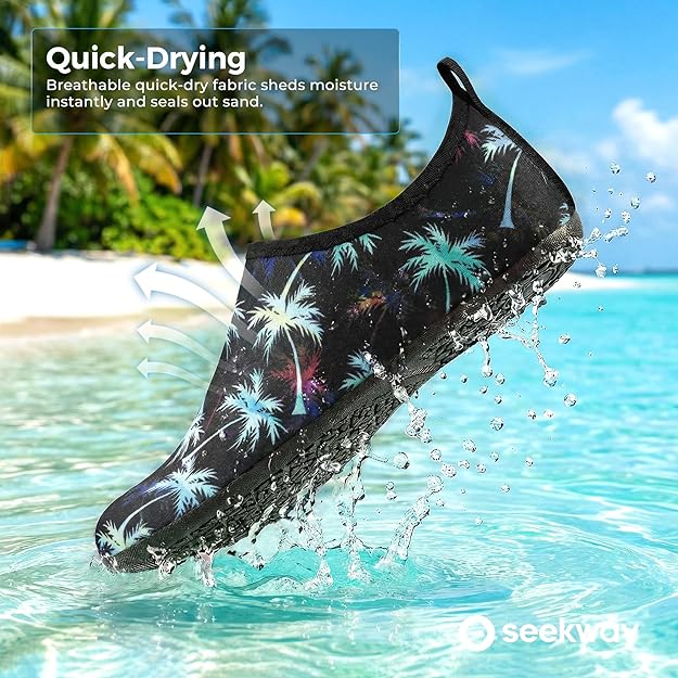 SEEKWAY Water Shoes Women Men Adult Quick-Dry Aqua Socks Barefoot Non Slip for Beach Swim River Pool Lake surf Black 2e-1302 Coconut Tree