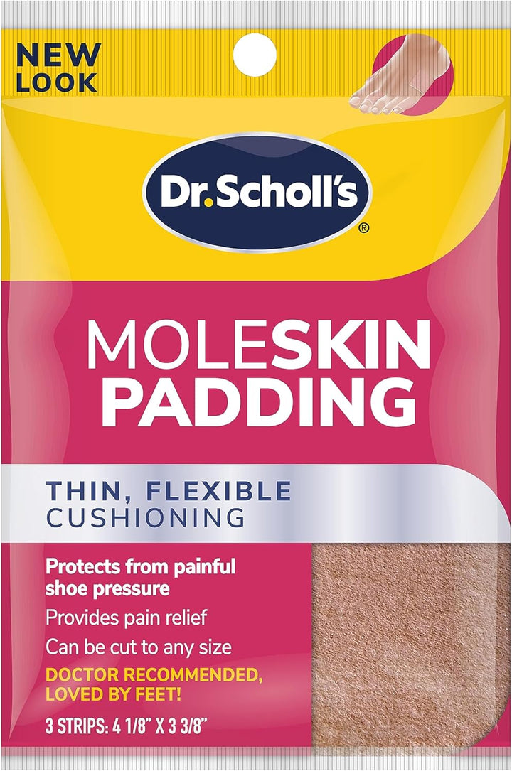 Dr. Scholl's Moleskin Padding Strips, 3 Strips // Thin, Flexible Cushioning & Pain Relief - Cut to Any Size - Doctor Recommended - Strip Size 4 1/8 Inches X 3 3/8 Inches