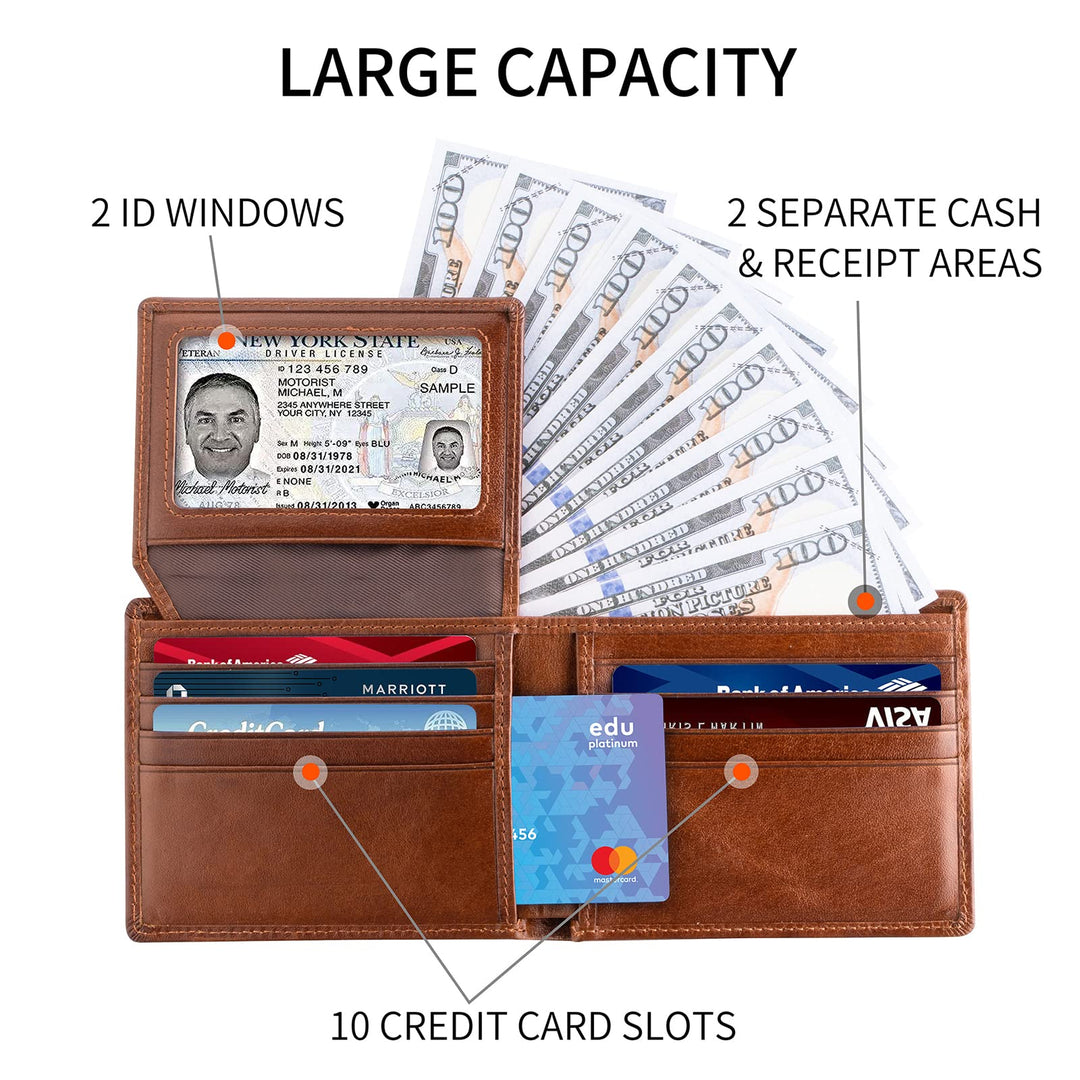 Sigtrenx SGQB-001 Leather Wallets for Men, Genuine Leather Mens Wallet Bifold Rfid Blocking with 2 ID Windows