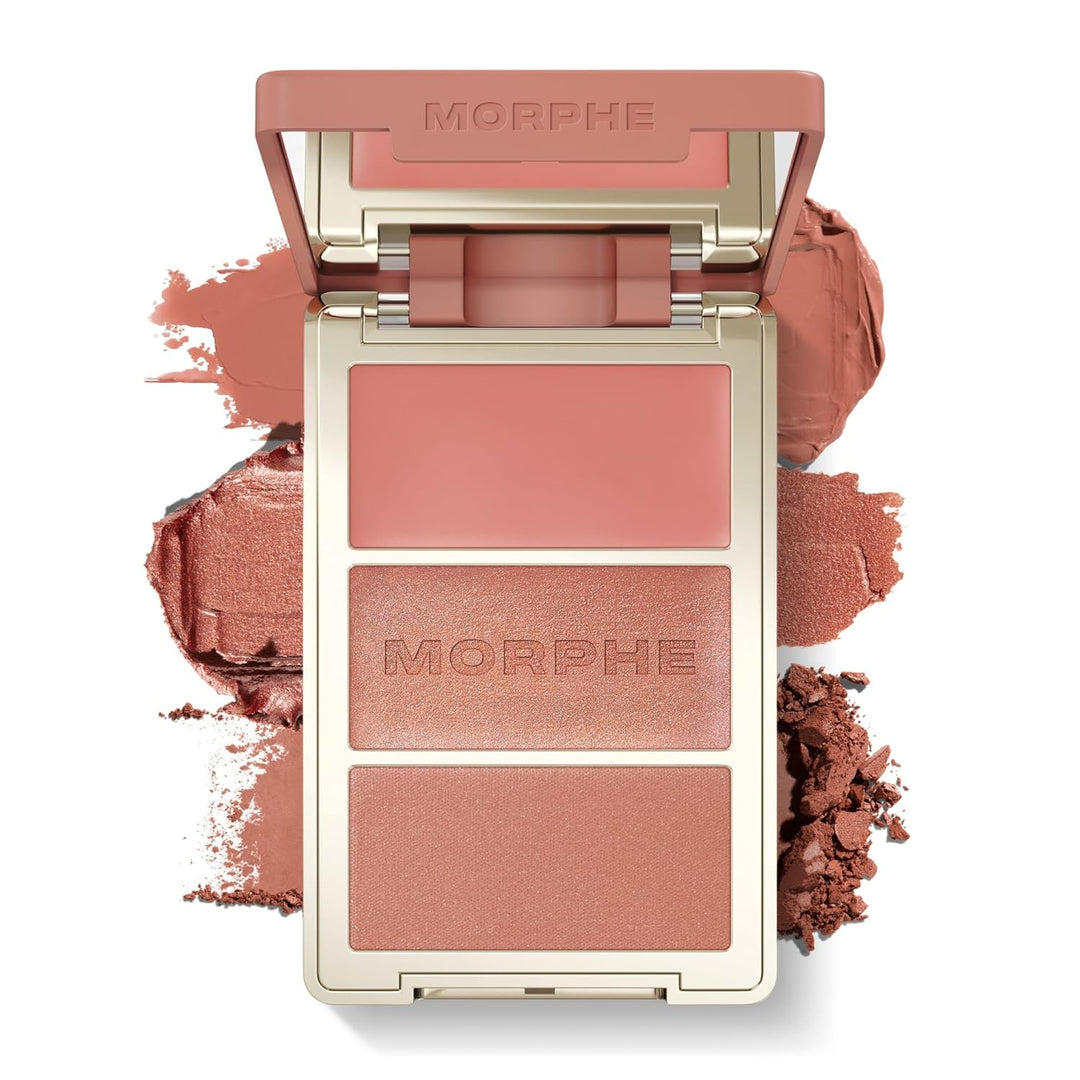 Morphe Cheek Thrills Multi-Finish Face Trio - Blush for Cheeks with Cream, Balm, and Powder Finishes - Buildable Monochromatic Face Palette for Glow and Dimension