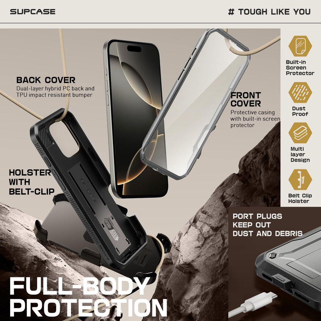 SUPCASE for iPhone 16 Pro Case with Screen Protector (Unicorn Beetle Pro), [Built-in Stand & Belt-Clip] [Military-Grade Protection] Full Body Heavy Duty Phone Case for iPhone 6.3 Inch 2024