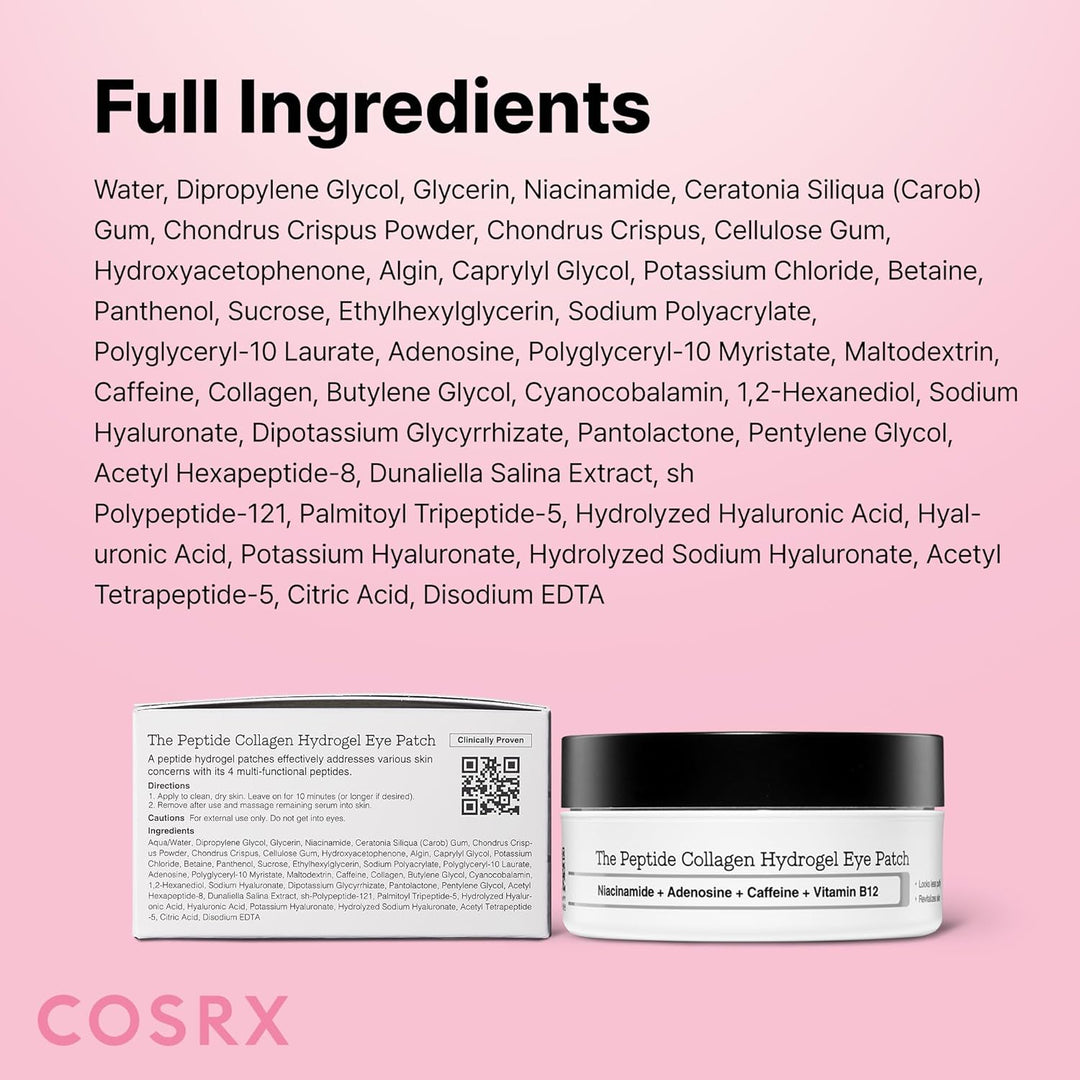 COSRX Pink Peptides Collagen Hydrogel Eye Patch for Puffy Eyes, Dark Circles &amp; Fine Lines, Cooling Under Eye Patches (60), Korean Skin Care
