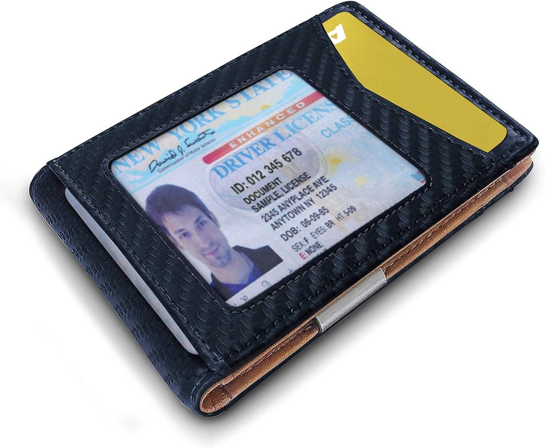 BULLIANT Slim Wallet Men, Carbon Fiber Leather Wallet Front Pocket Card Holders for Men Blue 1806