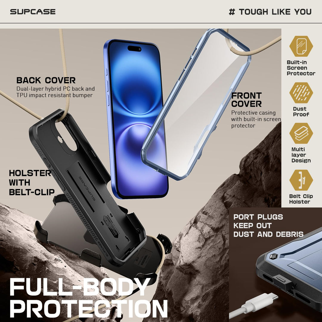 SUPCASE for iPhone 16 Case with Screen Protector (Unicorn Beetle Pro), [Built-in Stand & Belt-Clip] [Military-Grade Protection] Full Body Heavy Duty Phone Case for iPhone 16 6.1'' 2024