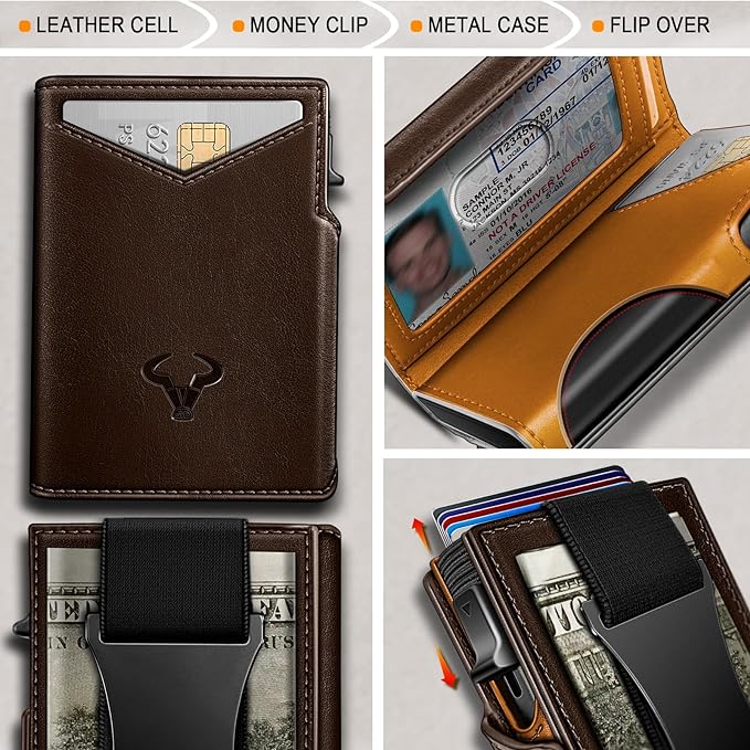 BULLIANT Men Wallet Gift Boxed,Slim Front Pocket Wallet Money Clip Card Holder 3.8"x2.7",Pop-up Access - Alaska Leather Burnt Umber