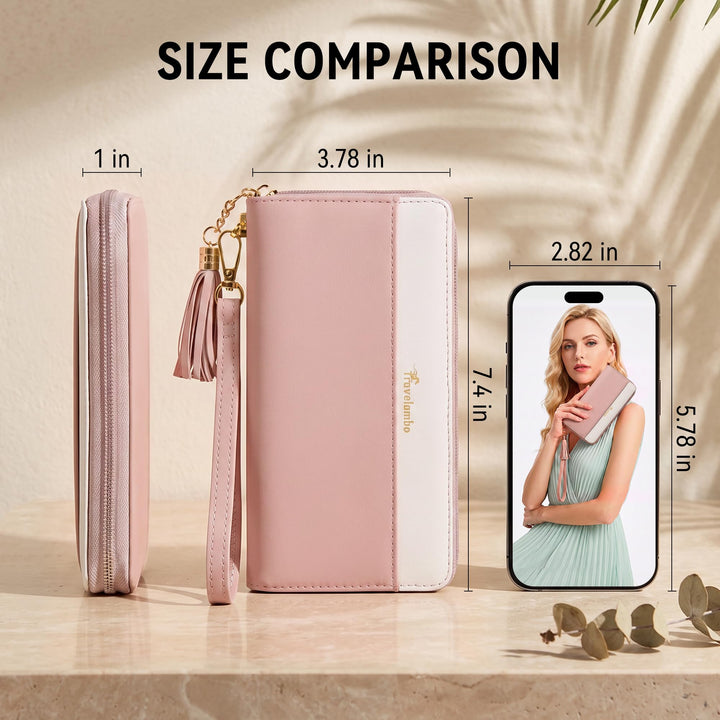 محفظة معصم نسائية من ترافلامبو، محفظة ثنائية الطي بسعة كبيرة مزودة بخاصية حجب تحديد الهوية بموجات الراديو (RFID)، مع شرابة وجيب بسحاب للعملات المعدنية وحامل بطاقات، هدية مثالية للنساء