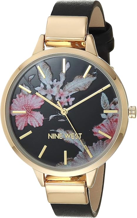 Nine West Women's NW/2044FLBK Dress Watch with Faux Leather Strap, Black