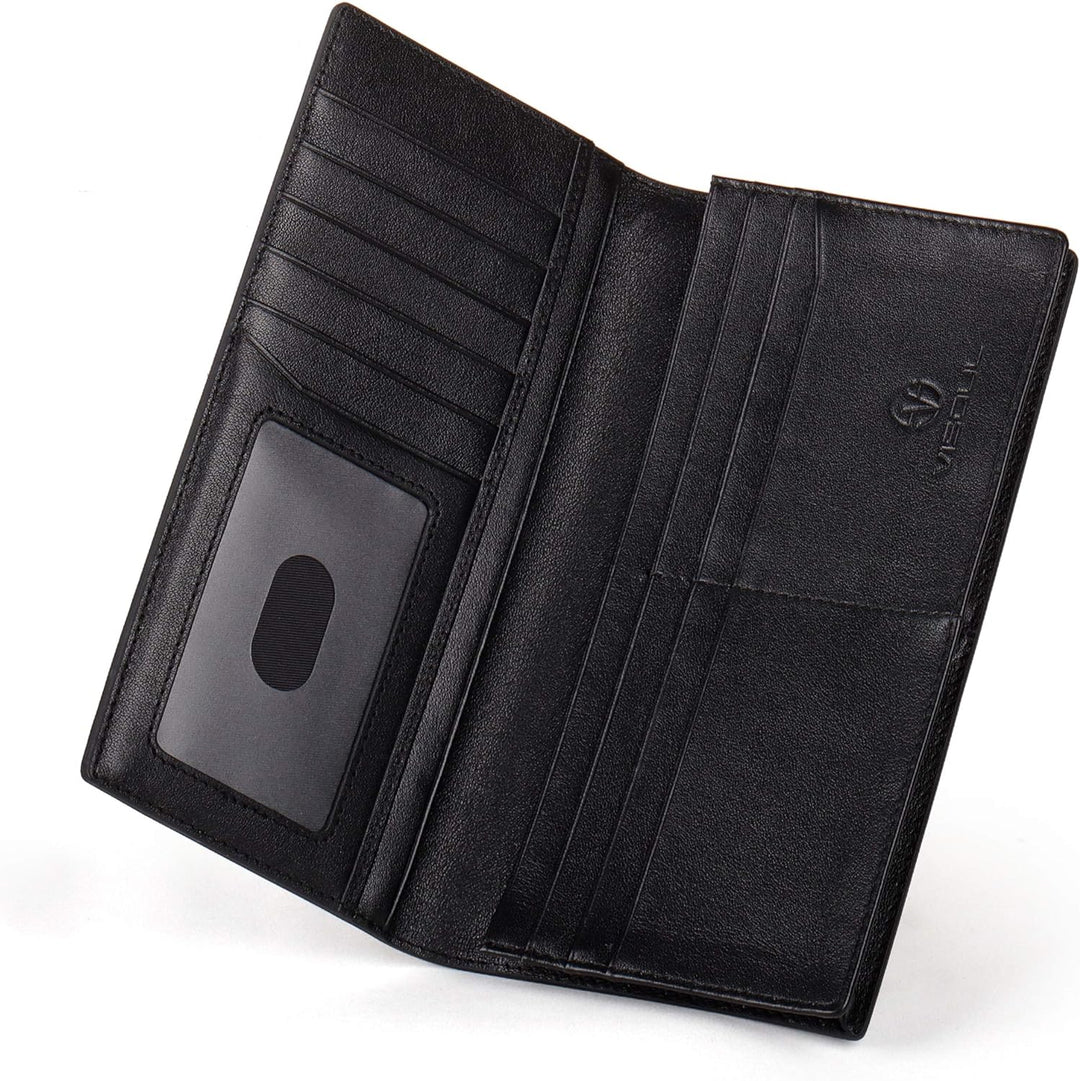 VISOUL Men’s Leather Long Checkbook Bifold Wallets with RFID Blocking, Carbon Fiber Leather Tall Wallets for Men (Black+Black)