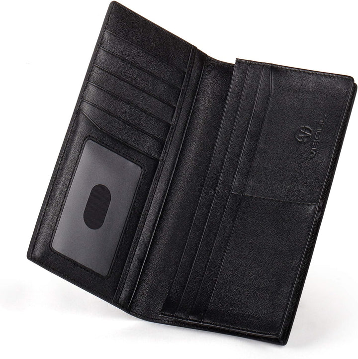 VISOUL Men’s Leather Long Checkbook Bifold Wallets with RFID Blocking, Carbon Fiber Leather Tall Wallets for Men (Black+Black)
