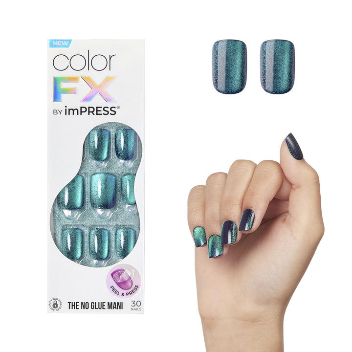 KISS colorFX by imPRESS Press On Nails , ‘Reconnect’, Solid Blue with Pearlescent Finish, Short Oval, New &amp; Improved Adhesive, Includes 30 Fake Nails, Prep Pad, 1 Manicure Stick, 1 Mini Nail File