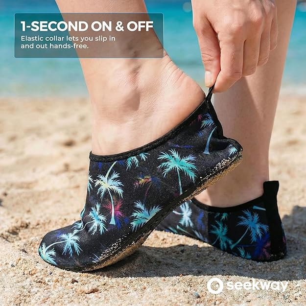 SEEKWAY Water Shoes Women Men Adult Quick-Dry Aqua Socks Barefoot Non Slip for Beach Swim River Pool Lake surf Black 2e-1302 Coconut Tree