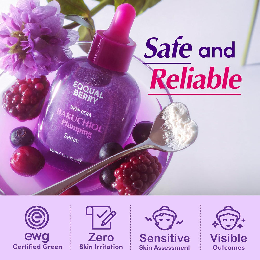 EQQUALBERRY Bakuchiol Plumping Face Serum - Retinol Natural Alternative for Sensitive Skin, with Niacinamide &amp; Hyaluronic Acid, Pore &amp; Wrinkle Korean Skin Care (1.01oz / 30ml)