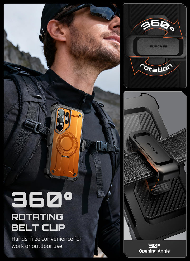 حافظة SUPCASE لسلسلة Samsung Galaxy S26 مزودة بحامل مدمج، وحماية بمعيار عسكري، ومتوافقة مع MagSafe، ومشبك حزام قابل للفصل، وواقي شاشة وإطار أمامي مدمجين، UBPro Mag