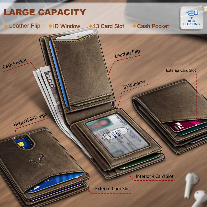 BULLIANT Men Wallet, Slim Leather Wallet Front Pocket Card Holder Gift For Men 11 Slots RFID Blocking