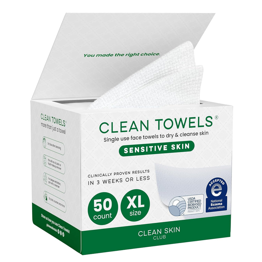 CLEAN SKIN CLUB Sensitive Skin Clean Towels® XL, Ultra-Soft Disposable Face Dry Wipes Infused with Aloe &amp; Glycerin, XL - 1 Pack (50 count)