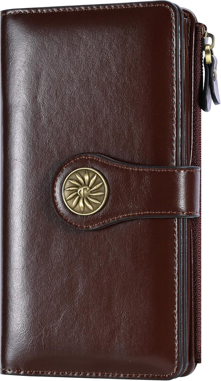 Travelambo Wallets Women RFID Large Capacity Luxury Waxed Leather Clutch Wallet Multi Card Organizer