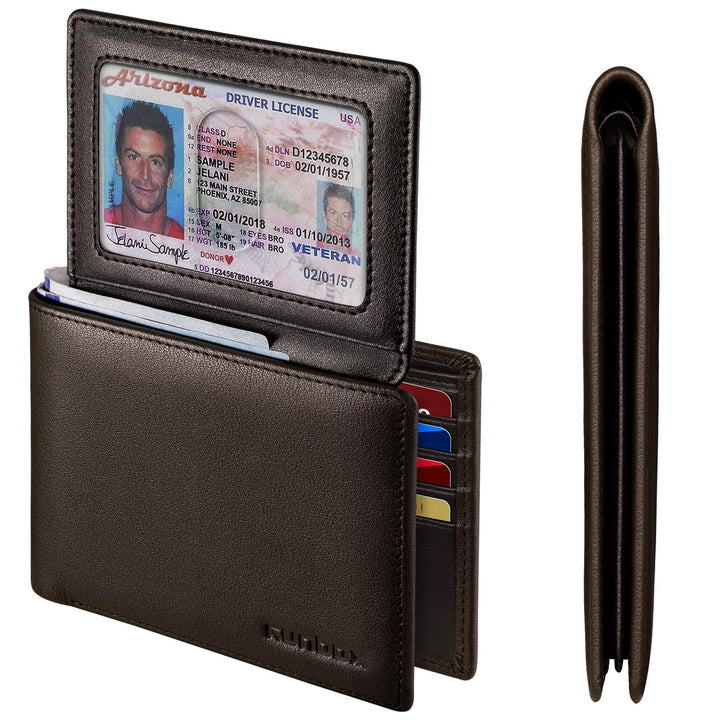 RUNBOX Wallet for Men Leather RFID Blocking Bifold Front Pocket Wallet Genuine Leather,Slim,12 Card Slots,2 ID Windows,2 Money Pockets, Gift for Men,Compact Travel Business Passport